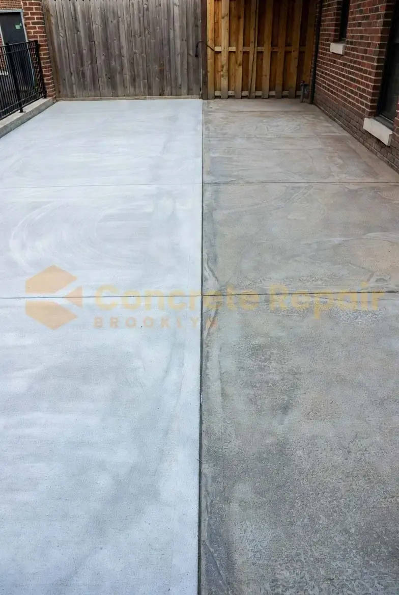 A concrete patio with chairs and a wooden fence, providing a comfortable outdoor space.